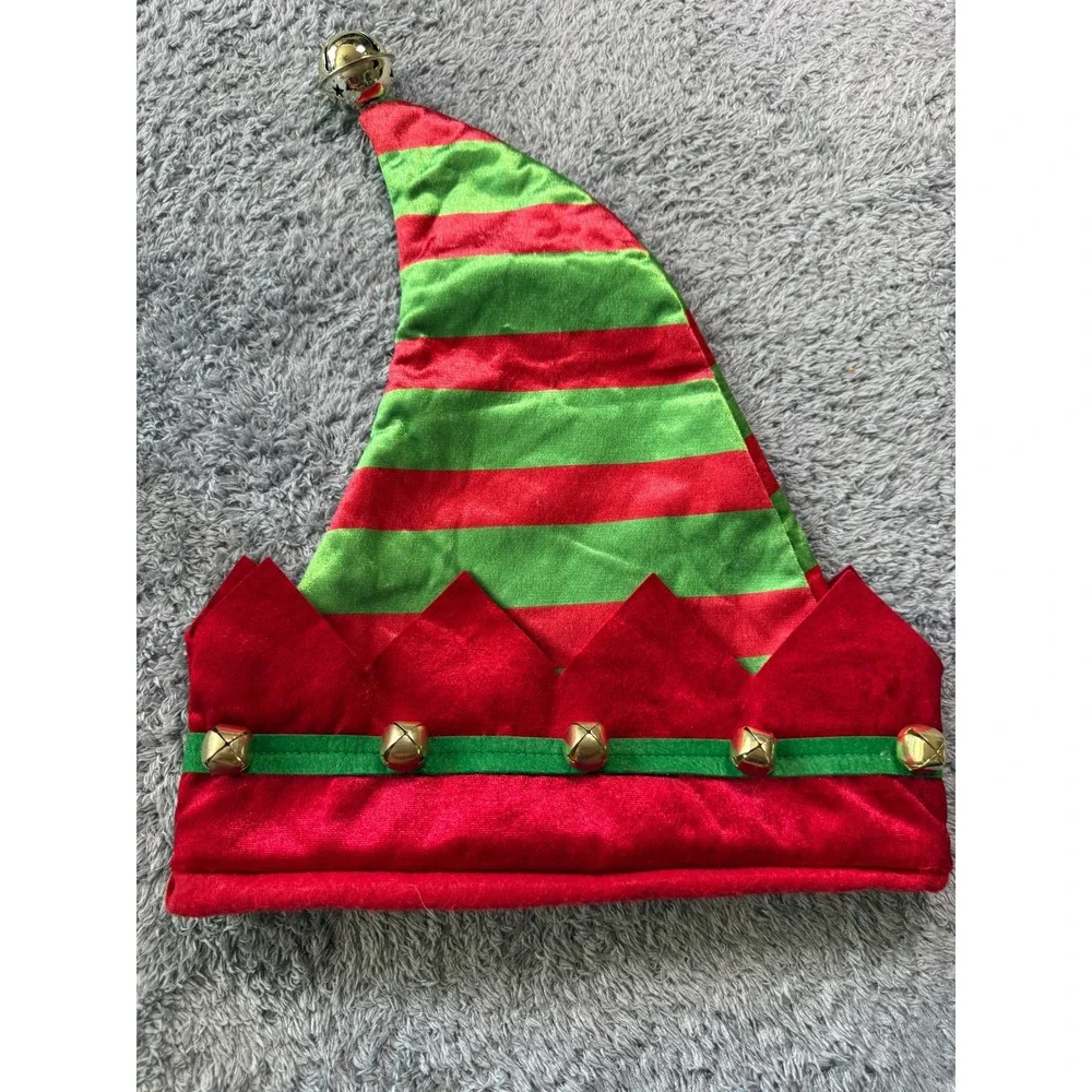 Unbranded Unisex Elf Costume Hat OS Red Green Striped Jingle Bells